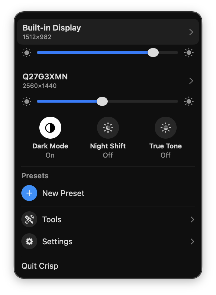 Crisp menu bar panel